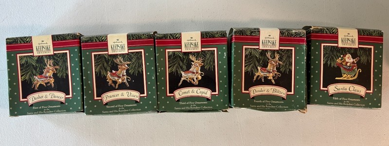 Hallmark 1992 Keepsake Ornaments Santa and His Reindeer Set of 5 - FREE Ship!