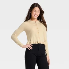 Women's Long Sleeve Button-Up Ruffle Hem Cardigan - A New Day Ivory