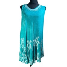 India Boutique Teal Tropical Palm Tree Print Rayon Free Size Sleeveless Dress