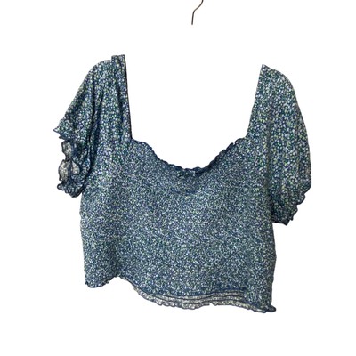 Aerie Size XXL Puff Sleeve Smocked Crop Top Blue Micro Floral Cottagecore Summer