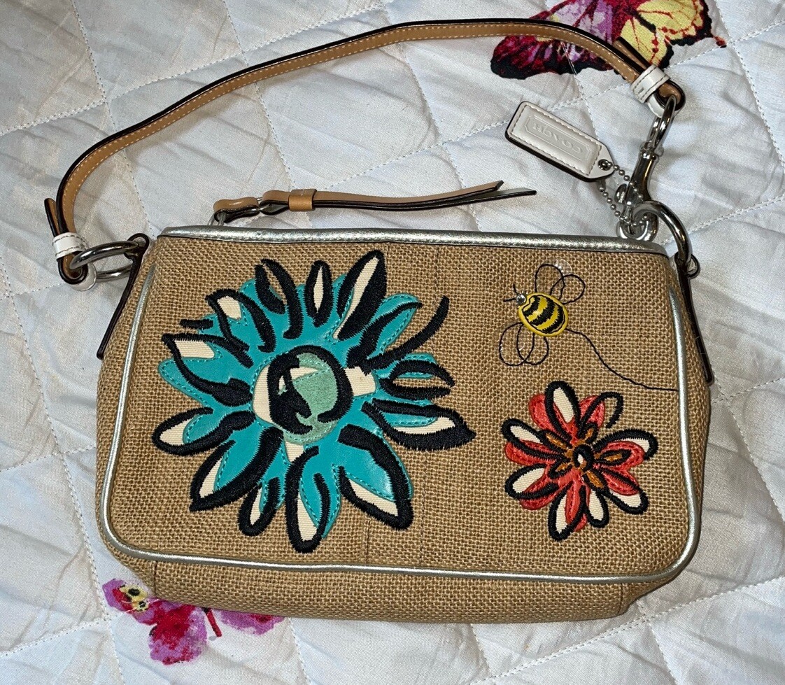 COACH Burlap DEMI Small Flower & Bee Pouchette Purse Bag COACH Burlap DEMI Small Flower & Bee Pouchette Purse Bag