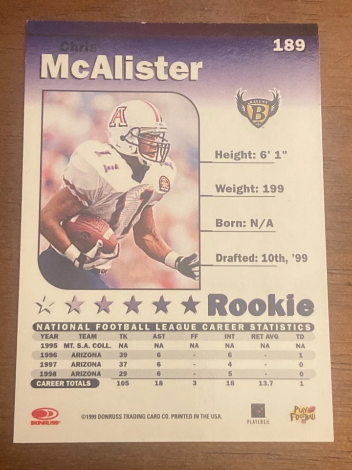 1999 Donruss Elite RC Chris McAlister #189 Baltimore Ravens Arizona - Image 2 of 2