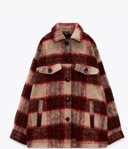 Chaqueta a cuadros Zara Premium para mujer mezcla de lana en rojo/beige/negro talla XS Foto 4 de 4