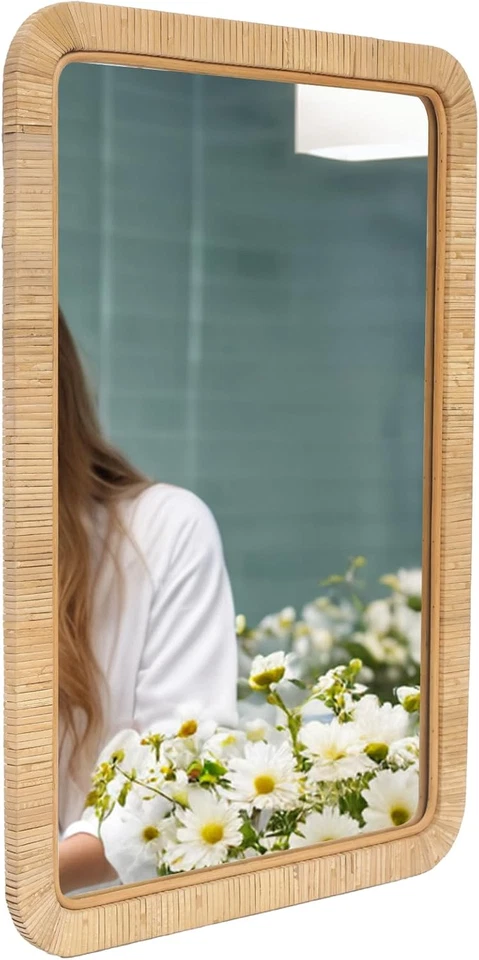 20" X 30" Rattan Wicker Rectangle Wall Mounted Bathroom Mirror for Coastal Boho - Image 2 of 4