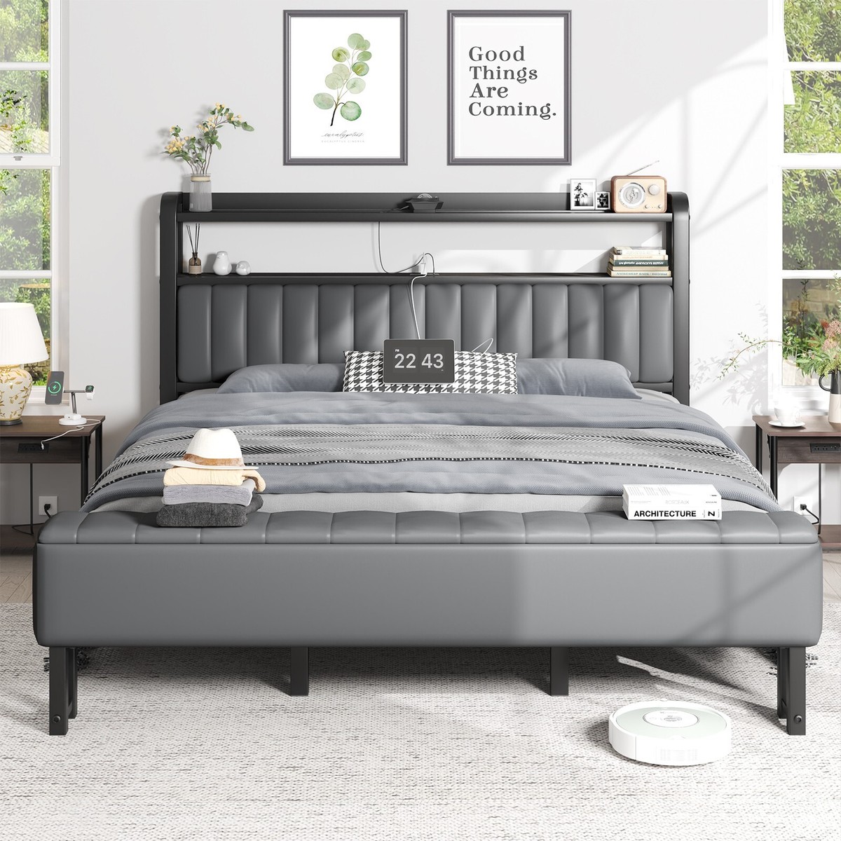 Full Size Bed Frame Upholstered with Starry Sky Light and Charging