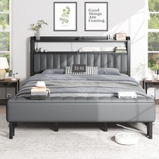 Full Size Bed Frame Upholstered with Starry Sky Light and Charging Station