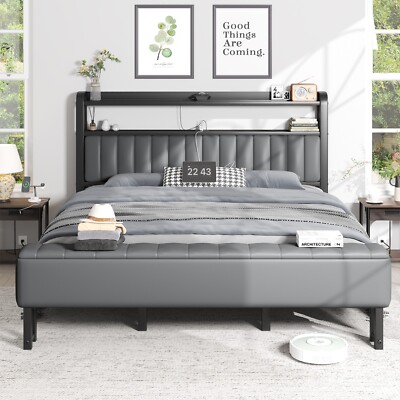 Full Size Bed Frame Upholstered with Starry Sky Light and Charging Station