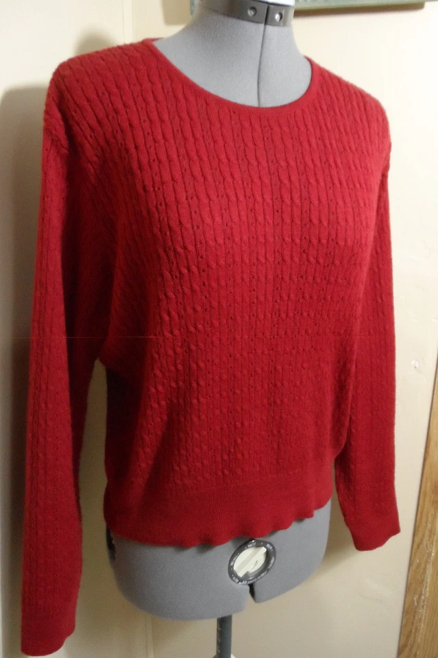 Suéter Top LIZ CLAIBORNE Mezcla de Lana Merino Tejido con Cable PM Rojo Cuello Redondo LS Foto 3 de 4
