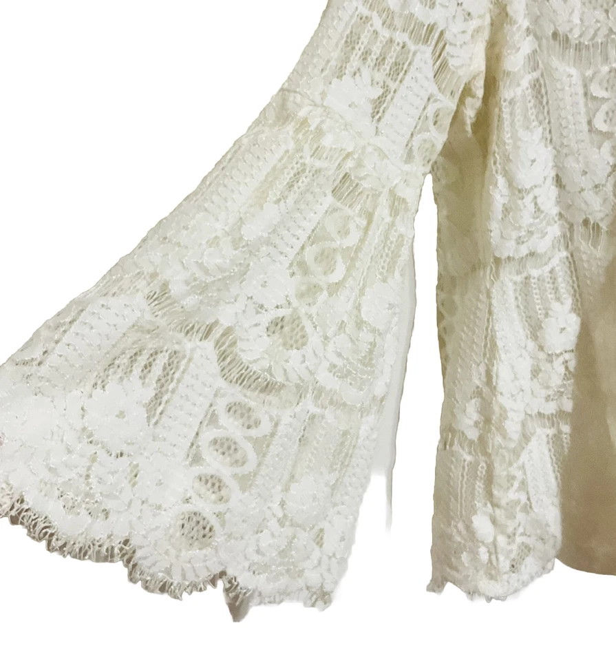 Top grande Charter Club boho campesino marfil manga larga campana encaje flecos forrado Foto 4 de 4