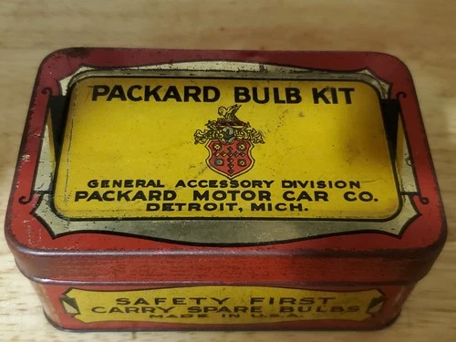 Vintage Packard Bulb Kit Tin Safety First Carry Spare Bulbs-No bulbs-Sold as is.