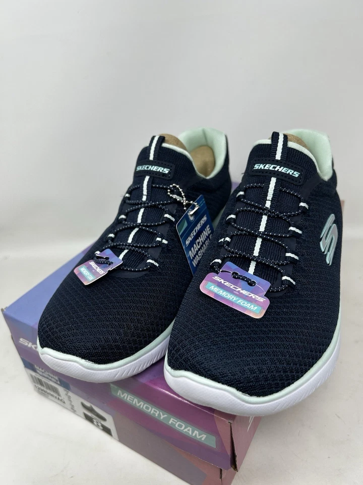 Skechers SUMMITS Women Size 8 Navy Aqua Bungee Laced Slip-On Sneaker Shoes - Image 2 of 4