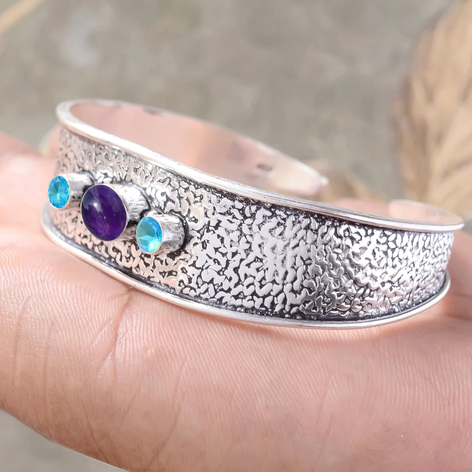 Bracciale in argento sterling 925 con pietra preziosa ametista e topazio... - Immagine 2 di 4