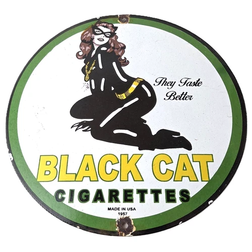 Vintage Black Cat Cigarettes Pin Up Porcelain Sign - Catwoman Sign
