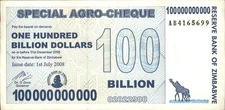 100 Billion Zimbabwe Agro Check Cheque Circulated 2008 With COA