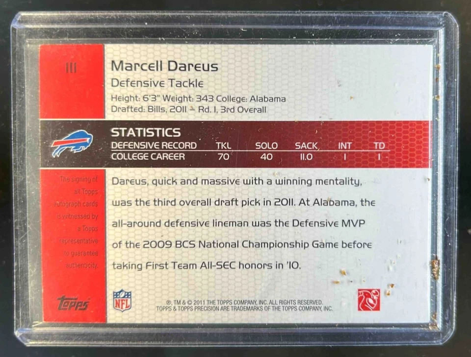 2011 Topps Precision Marcell Dareus Gold Ink Rookie Auto RC #13/50 Bills - Image 2 of 2
