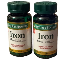 Lot of 2 Nature's Bounty Iron 65mg - 100 tablets each, total of 200 - NEW