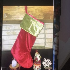 KOHL'S Burgundy VELVET Initial Green CUFF MONOGRAM T CHRISTMAS STOCKING Crystals