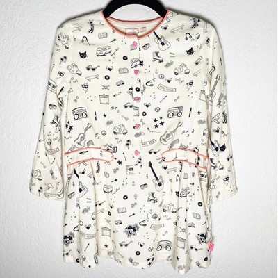 Billieblush Girl's Cream Dress Blue Music Festival Print Pink Buttons Trim Flowy