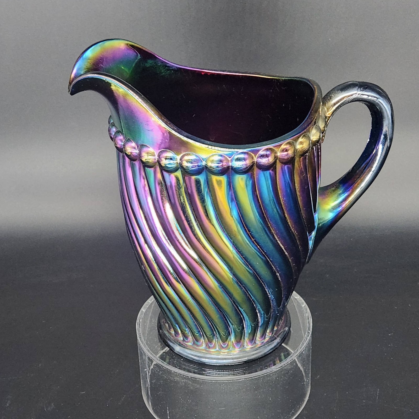 Vintage 1930s Westmoreland Carnival Amethyst Glass Pitcher with Swirl and Ball Pattern