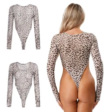 Women Bodysuit Beach Leotard Nightwear Jumpsuit See-Through Round Neck Sexy