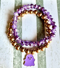 New Halloween Beaded Purple Gold Tone Adult Bracelet Set w/ Ghost Charm - 8