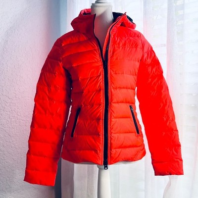 Down Puffer Jacket American Eagle Small Orange dbl Zip Hood sm slv stain Hunting