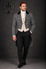 Grey Wool Morning Tailcoat Suit Cream Vest Black Trousers