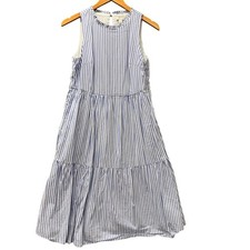 J Crew Dress Womens 0 Tiered Midi Cotton Poplin Blue Coastal Stripe + Pockets