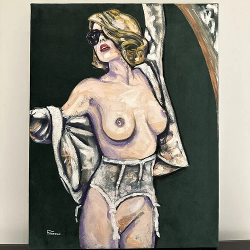 GREEN Velvet Oil Painting Nude Woman Stockings Garter Glasses Original FREDERIC