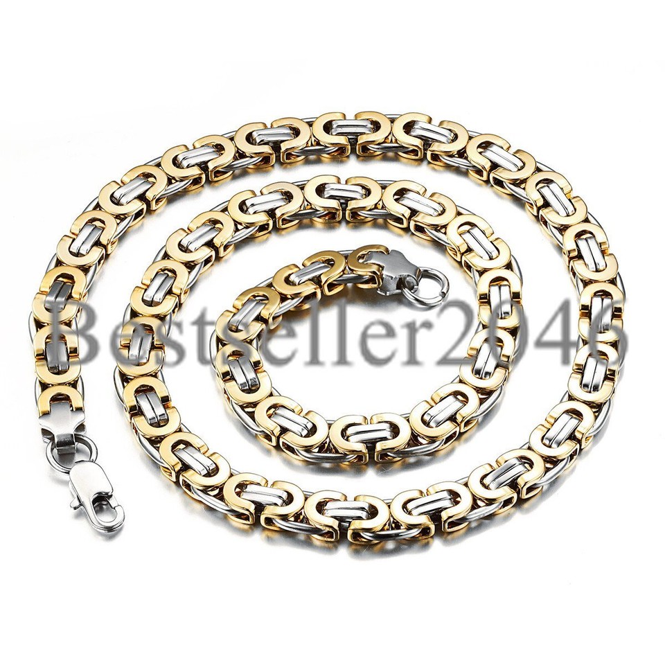 Thick Stainless Steel Byzantium Chain Necklace For Men - Silver Or Gold Tone, Flat Link Design, Durable & Stylish 1 thumbnail image
