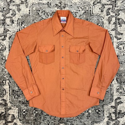 Vintage 70s Sears Put On Shop Button Up Shirt Mens M 15.5 Orange 
