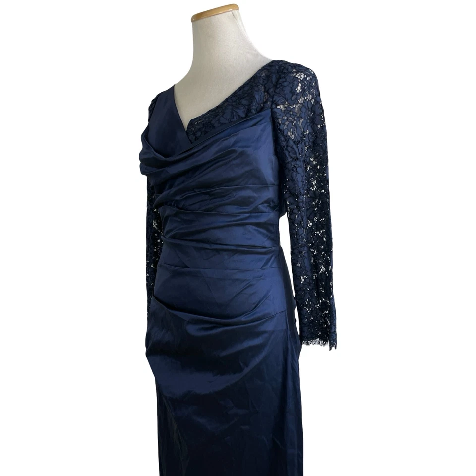 Maxi Vestido Rickie Freeman Teri Jon Talla 2 Nuevo con Etiquetas Azul Marino Tafetán y Encaje Foto 3 de 4