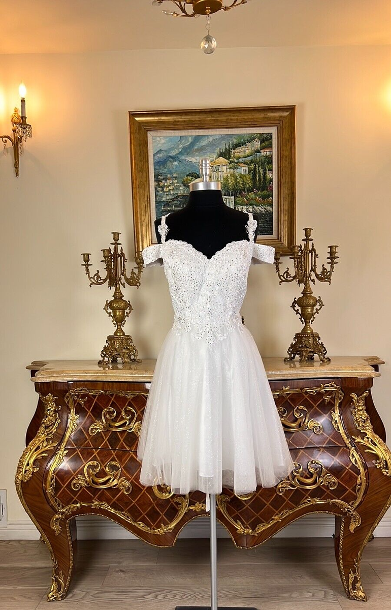 white gold short prom dresses NWT Glitter Wedding Formal beaded Embroidery Lace up Evening dress designer_Alfred Angelo