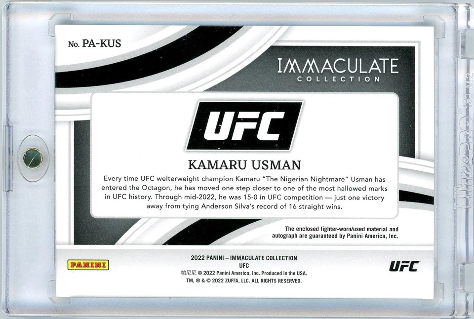 2022 IMMACULATE UFC KAMARU USMAN JUMBO PREMIUM PATCH AUTO 1/1 - Image 2 of 2