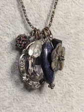 M&S charm necklace purple diamante blue sandstone shell silver tone chain 40+8cm