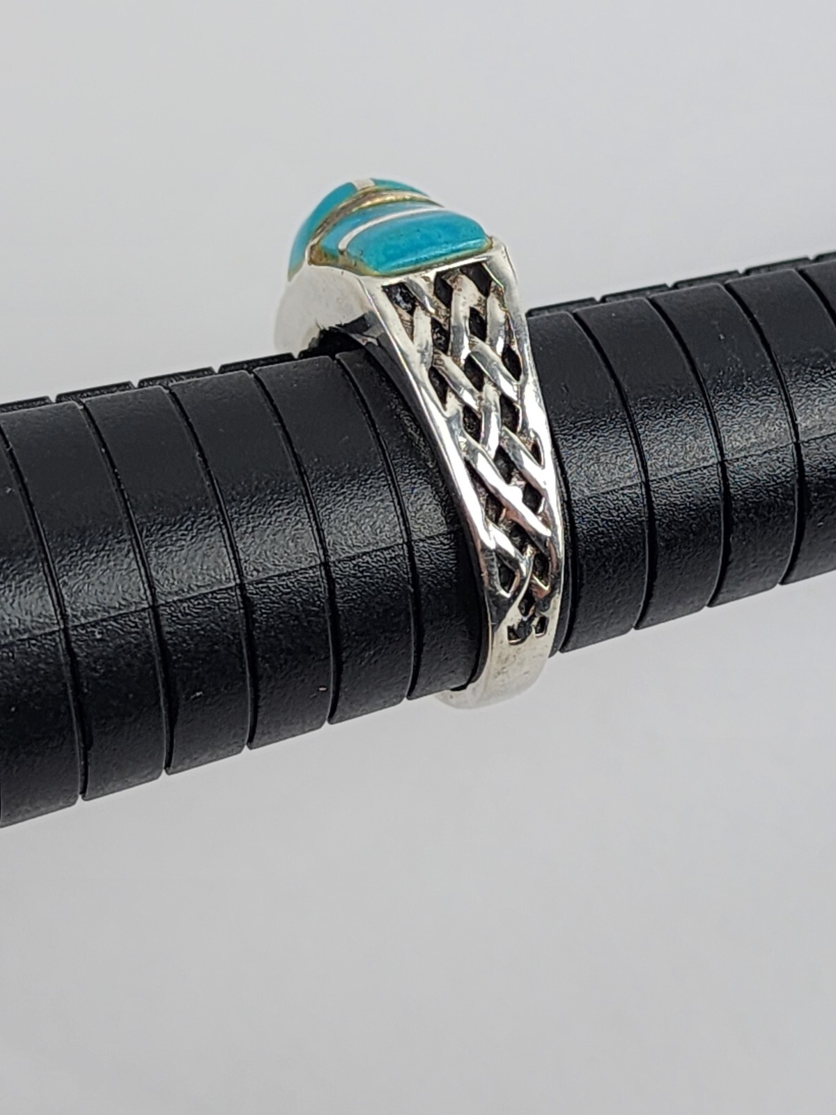 Solid Sterling Silver Turquoise Ring Basket Weave… - image 13