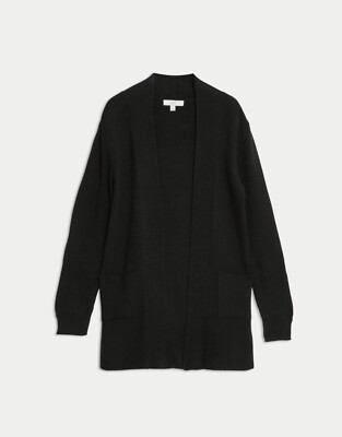 EX M&S Strickjacke Damen gerippt Longline Strick Strick weich offen Cardi Taschen 596