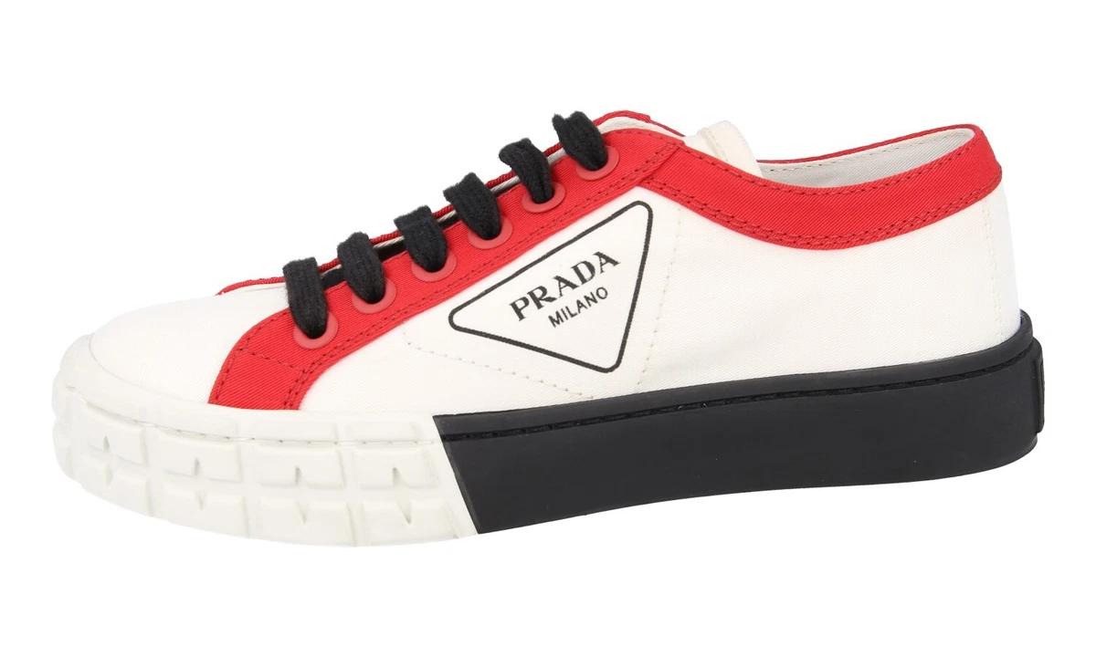 PRADA Canvas Cassetta Wheel Sommer Sneaker - 1E939L - Weiss Rot NEU - 37