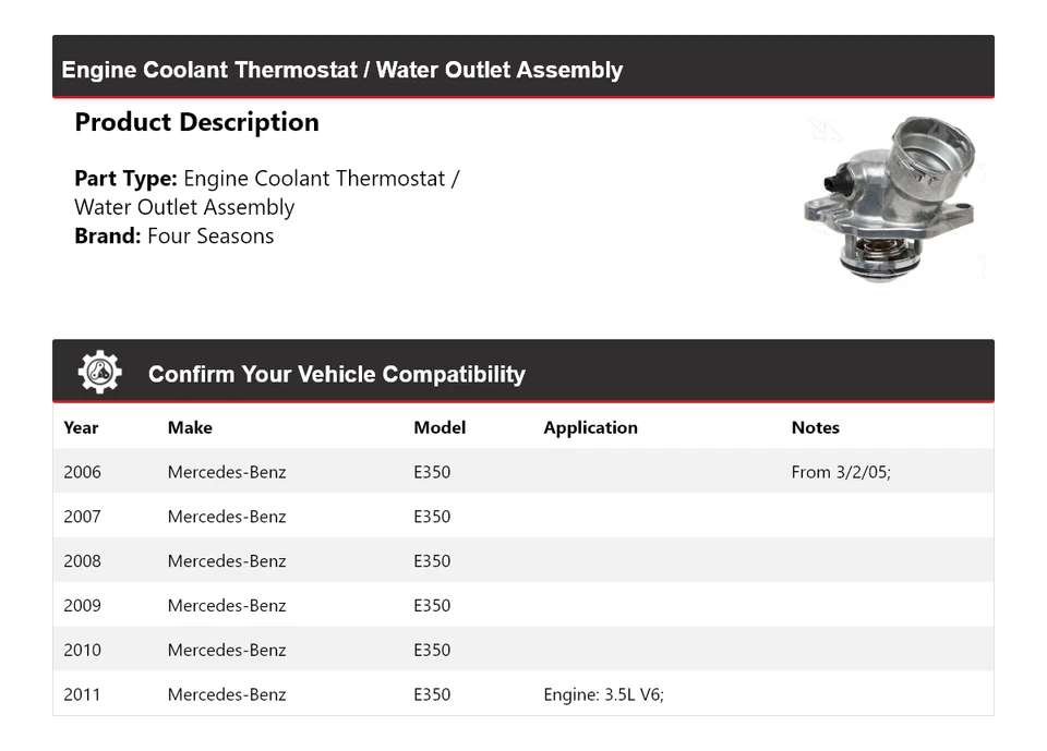 Термостат охлаждающей жидкости/выпуск воды для двигателя Mercedes-Benz E350 06–11 годов выпуска в сборе 4 сезона - Изображение 2 из 4