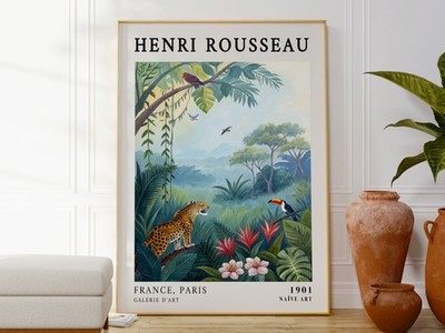 Henri Rousseau Botanischer Druck mit Leopard und Papagei, exotischer Dschungel Poster