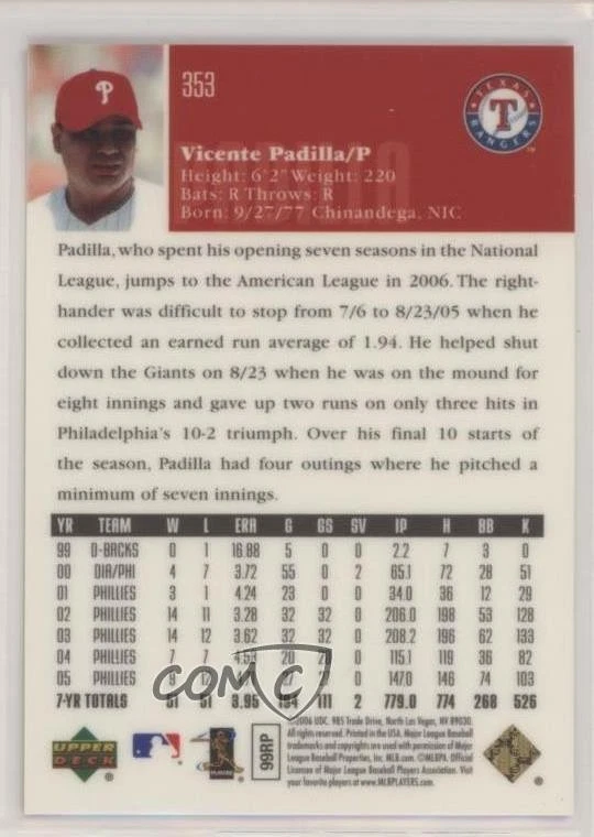 2006 Upper Deck Special F/X Purple /150 Vicente Padilla #353 - Image 2 of 2