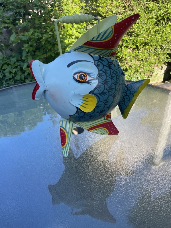 WHIMSICAL 13" HAND PAINTED FOLKART FISH METAL WATERING CAN- GREAT BEACH DECOR