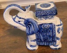 Vintage Blue & White Ceramic Elephant Figurin...