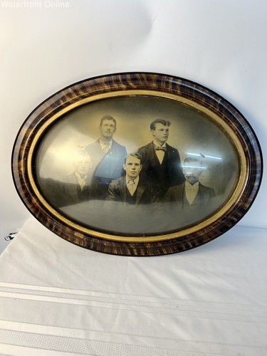 Antique Oval Tiger Wood Bubble Glass Convex Large Picture Frame Family Photo Men