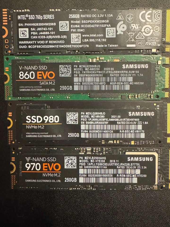 SSD Set – 4× M.2 Laufwerke (Intel 760p, Samsung 860 EVO, 970 EVO, 980) – 250GB –