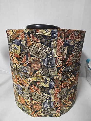 Vintage 60’s Era MCM Round Tapestry Wig Hat Travel Hat Case Box Zippered