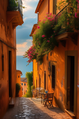 Narrow Cobblestone Alley Mediterranean Hill Town Late Wall Art 4X6 Fantasy Photo