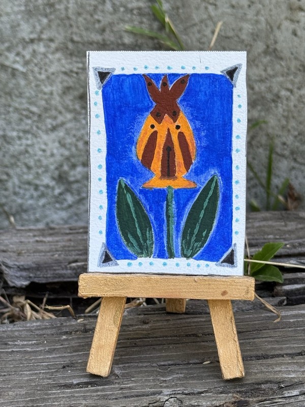 ACEO- Miniature Folk Art Floral Painting, Small Unframed Single Piece