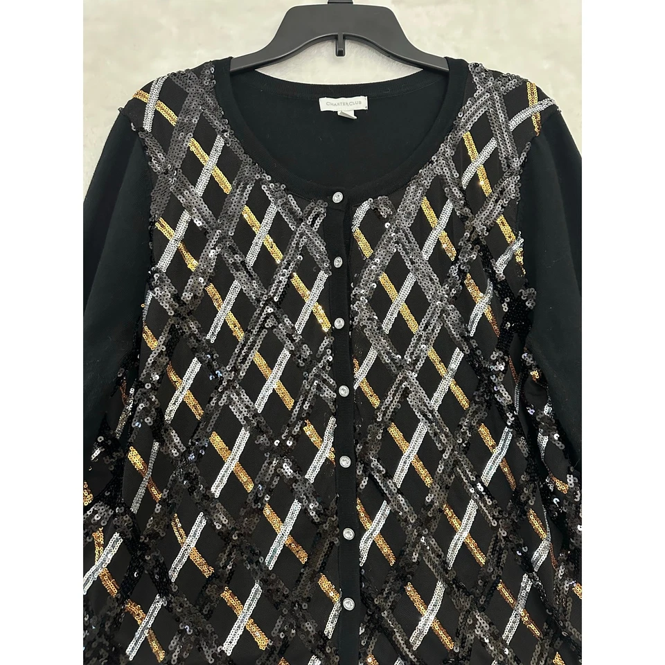 Cárdigan Suéter Charter Club Lentejuelas Argyle XL Fiesta Vacaciones Foto 3 de 4