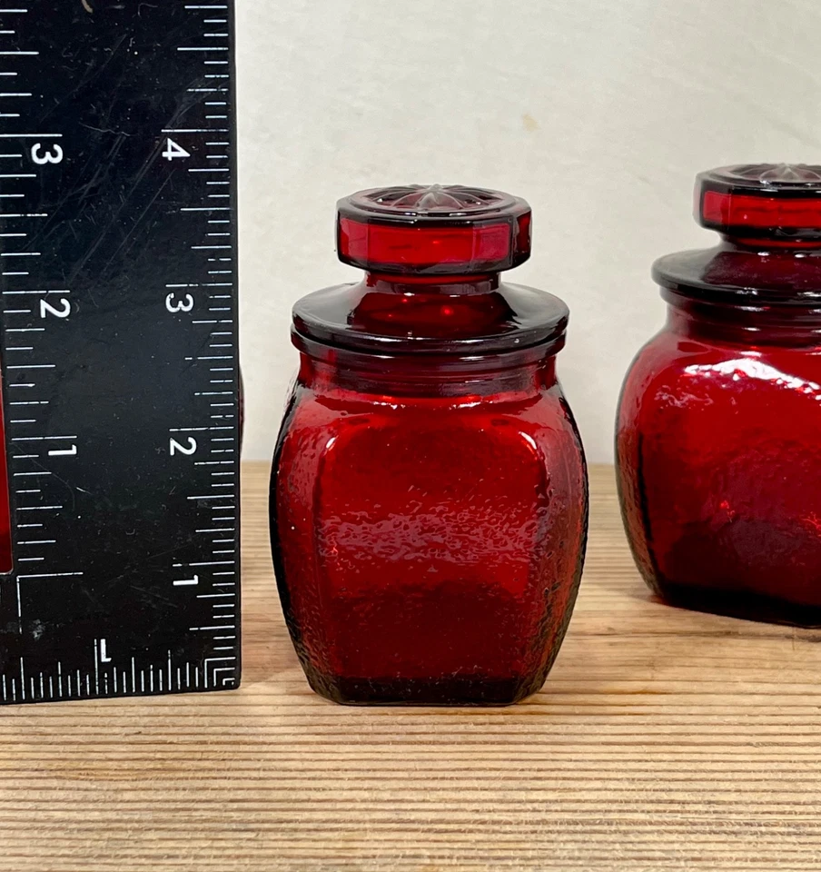 Vintage Ruby Red Small Apothecary Jar Rough / Textured Finish With Lid Set of 3 - Image 3 of 4